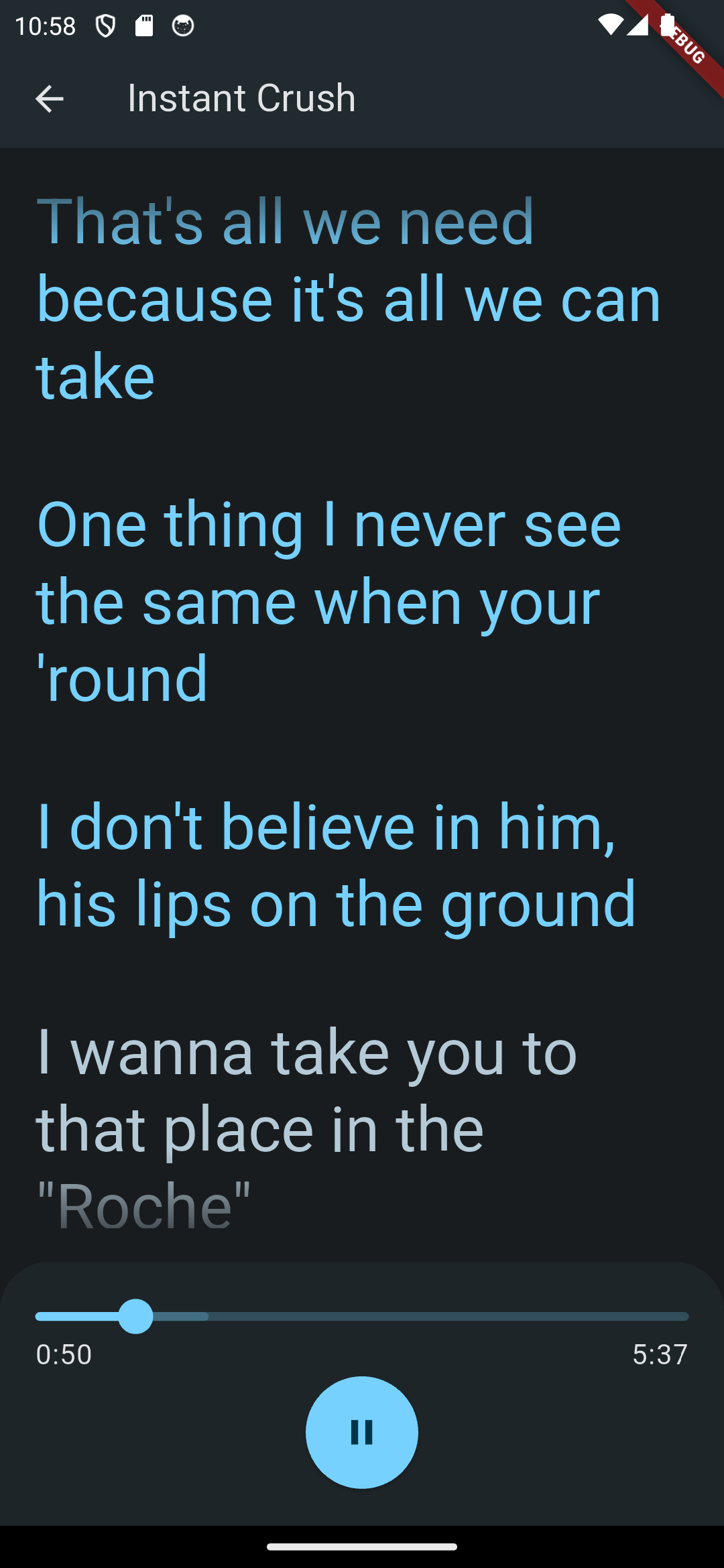 screenshot of lyrics in honeydew